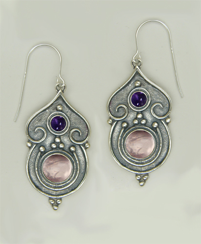 Sterling Silver Gothic Inspired Drop Dangle Earrings With Rose Quartz And Iolite